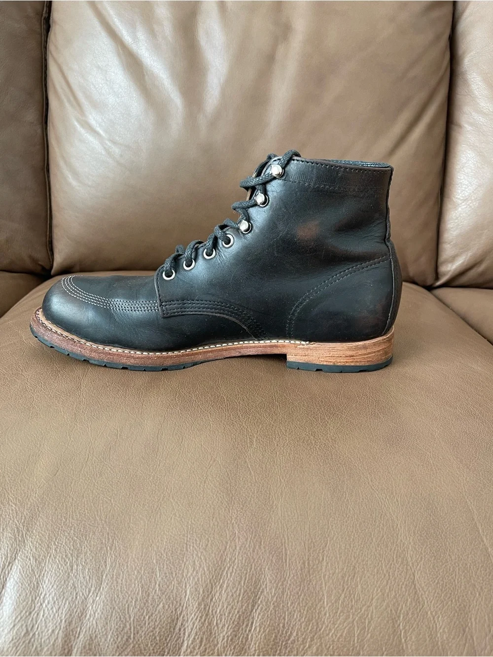 Men's Black Leather Moc Toe Lace-Up Work Boots